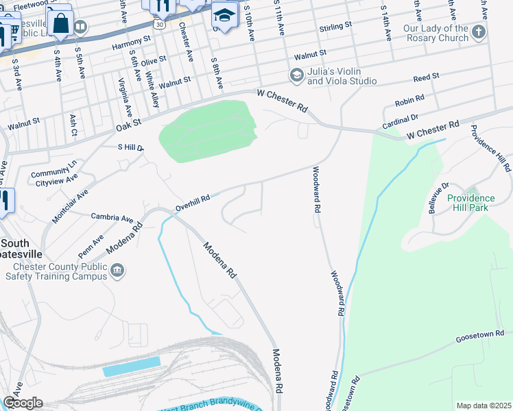 map of restaurants, bars, coffee shops, grocery stores, and more near 250 Kennedy Drive in Coatesville