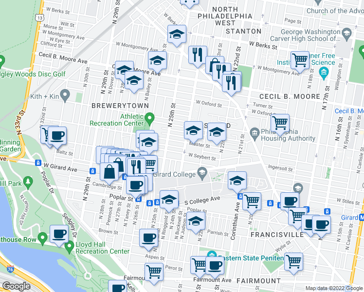 map of restaurants, bars, coffee shops, grocery stores, and more near 2407 Ingersoll Street in Philadelphia