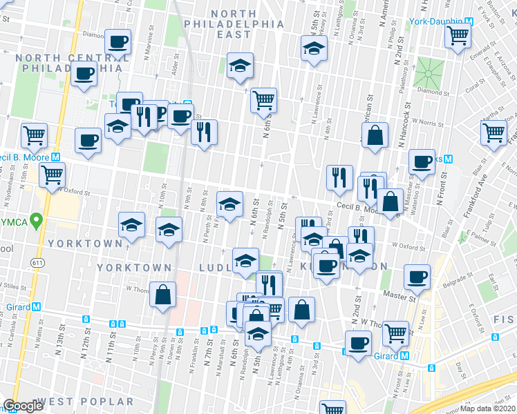map of restaurants, bars, coffee shops, grocery stores, and more near 1625 North 6th Street in Philadelphia