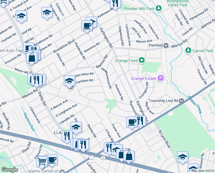map of restaurants, bars, coffee shops, grocery stores, and more near 400 Heatherwood Road in Havertown