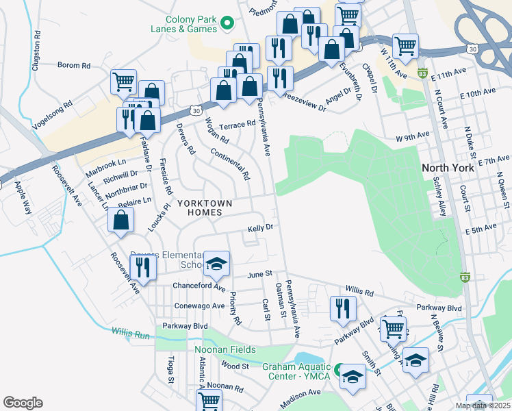 map of restaurants, bars, coffee shops, grocery stores, and more near 1121 Continental Road in York