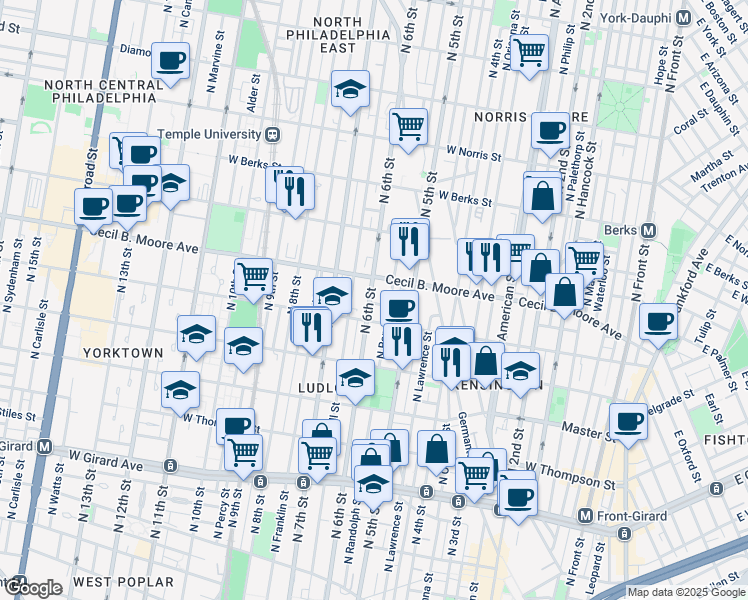 map of restaurants, bars, coffee shops, grocery stores, and more near 1625 North 6th Street in Philadelphia