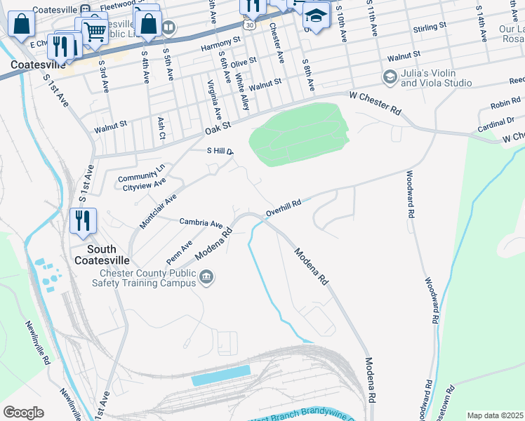 map of restaurants, bars, coffee shops, grocery stores, and more near 44 Overhill Rd in Coatesville
