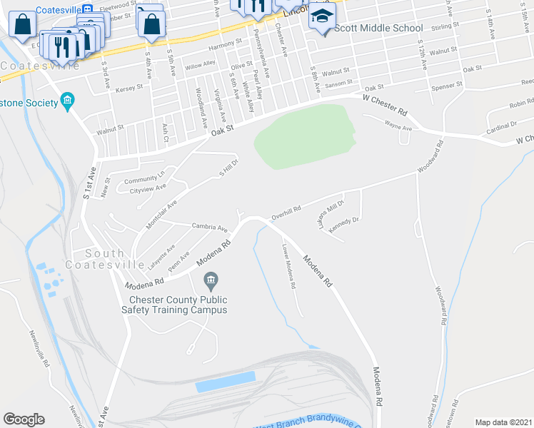 map of restaurants, bars, coffee shops, grocery stores, and more near 44 Overhill Rd in Coatesville