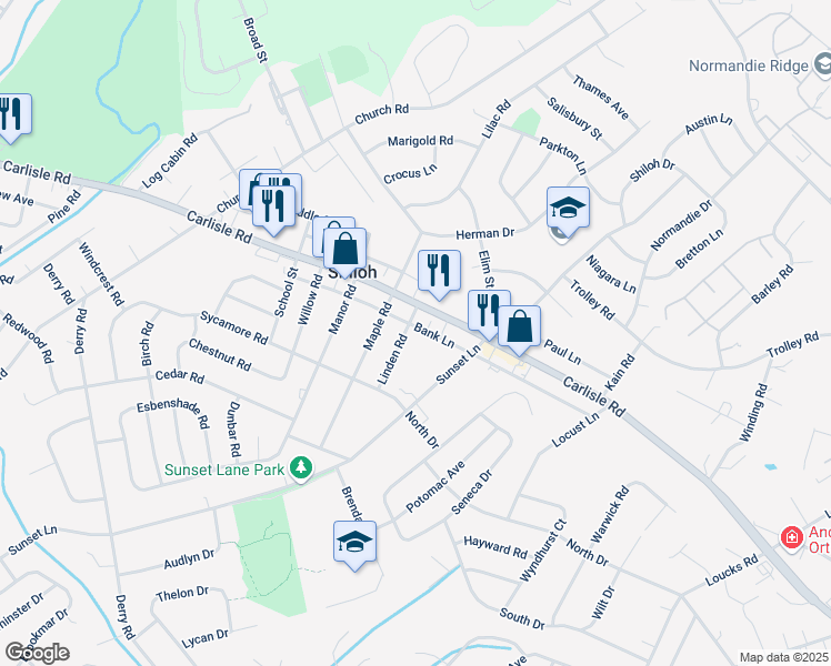 map of restaurants, bars, coffee shops, grocery stores, and more near 2239 Linden Road in Shiloh