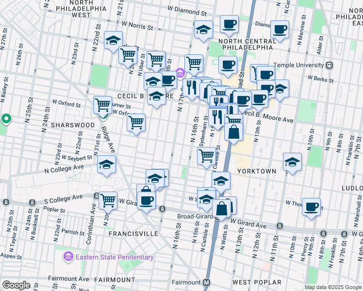 map of restaurants, bars, coffee shops, grocery stores, and more near 1620 West Jefferson Street in Philadelphia