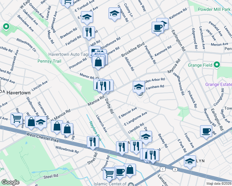map of restaurants, bars, coffee shops, grocery stores, and more near 530 Twin Oaks Drive in Havertown
