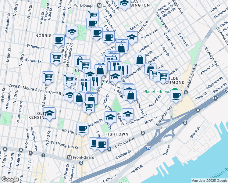 map of restaurants, bars, coffee shops, grocery stores, and more near 1533 East Montgomery Avenue in Philadelphia
