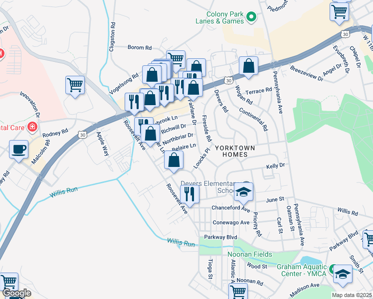 map of restaurants, bars, coffee shops, grocery stores, and more near 928 Belaire Lane in York