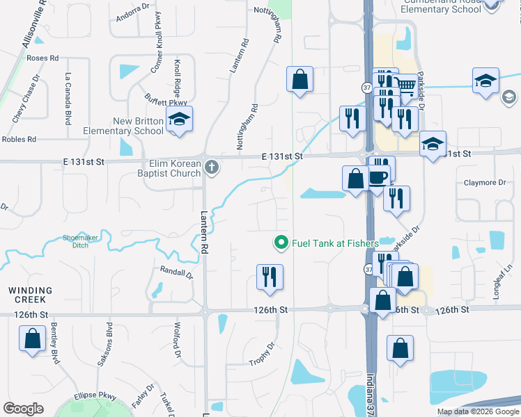 map of restaurants, bars, coffee shops, grocery stores, and more near 9063 Rider Drive in Fishers