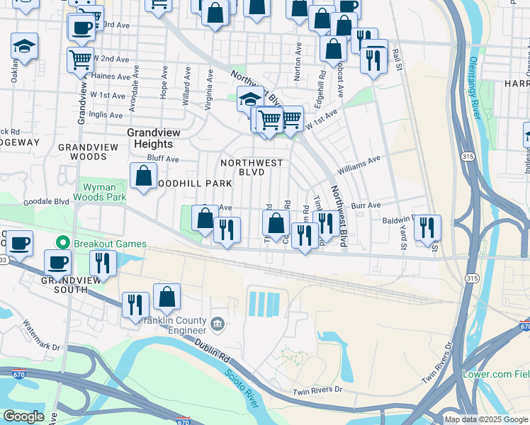 map of restaurants, bars, coffee shops, grocery stores, and more near 1121 Burr Avenue in Columbus