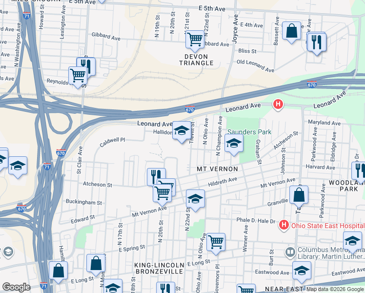 map of restaurants, bars, coffee shops, grocery stores, and more near 519 Trevitt Street in Columbus