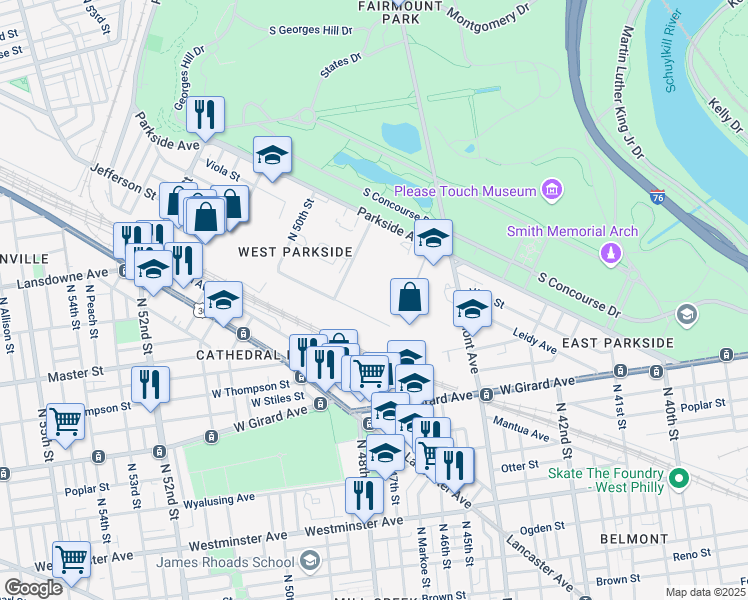 map of restaurants, bars, coffee shops, grocery stores, and more near 4700-4820 West Jefferson Street in Philadelphia