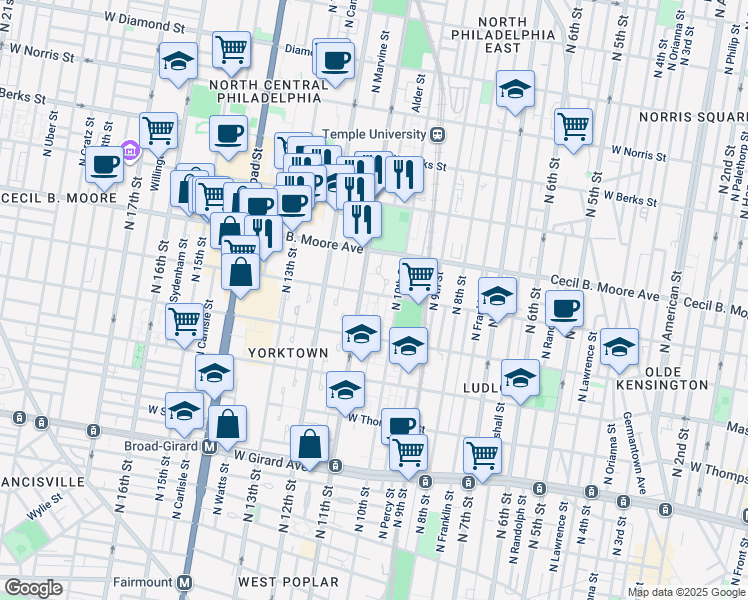 map of restaurants, bars, coffee shops, grocery stores, and more near 1032 West Oxford Street in Philadelphia