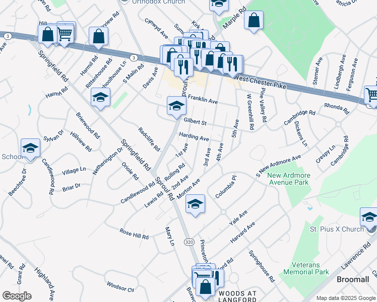 map of restaurants, bars, coffee shops, grocery stores, and more near 126 1st Avenue in Broomall
