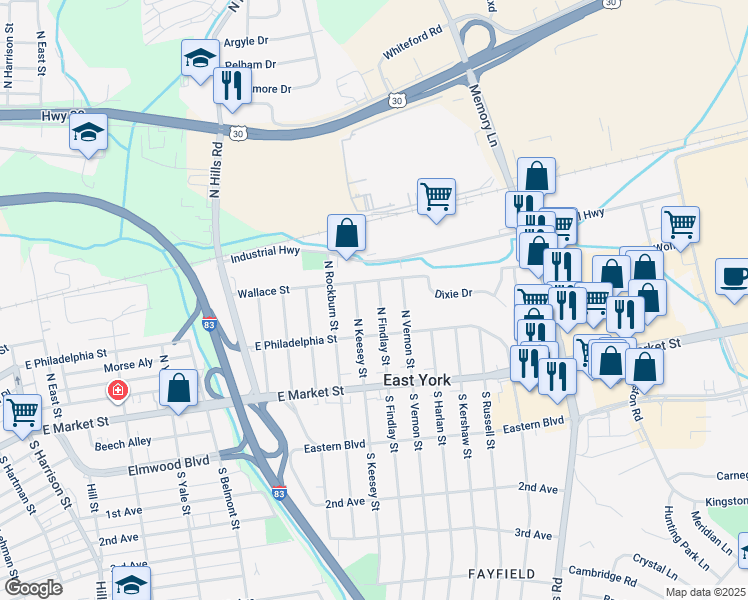 map of restaurants, bars, coffee shops, grocery stores, and more near 130 North Findlay Street in East York