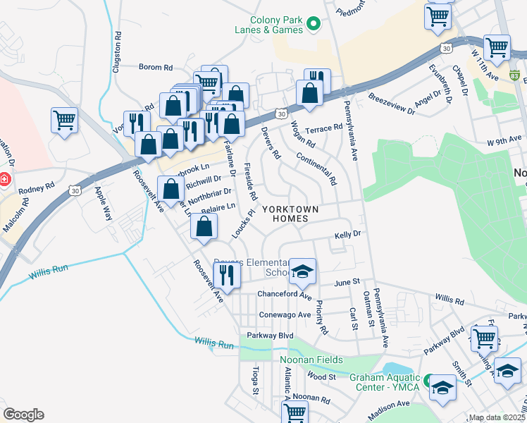 map of restaurants, bars, coffee shops, grocery stores, and more near 826 Fireside Road in York