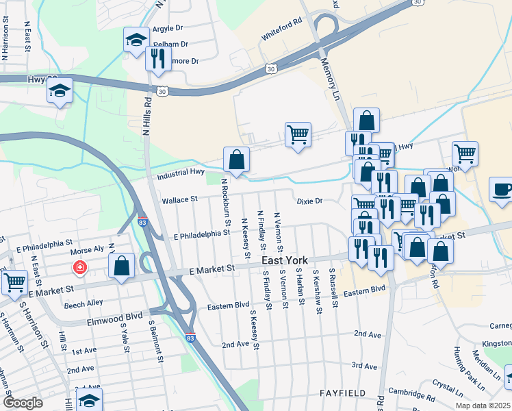 map of restaurants, bars, coffee shops, grocery stores, and more near 130 North Findlay Street in East York