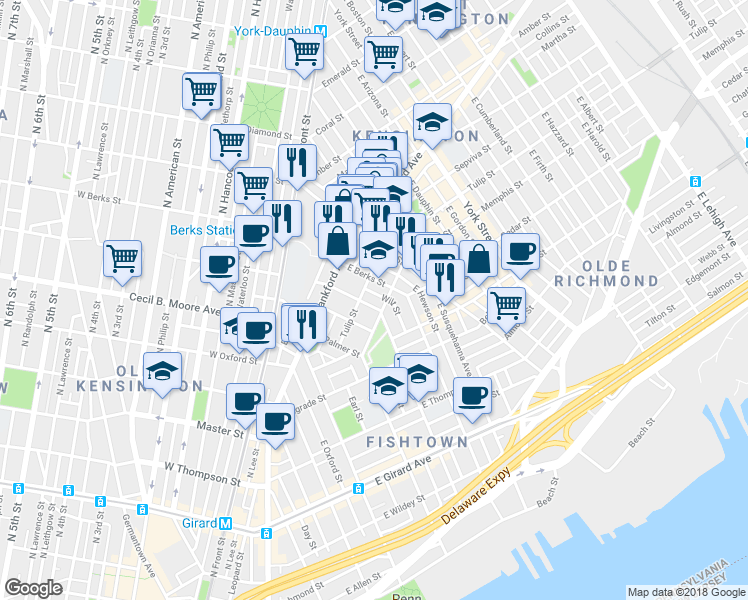 map of restaurants, bars, coffee shops, grocery stores, and more near 1517 East Montgomery Avenue in Philadelphia
