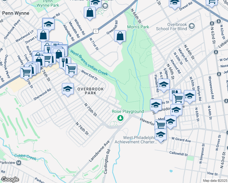map of restaurants, bars, coffee shops, grocery stores, and more near 7322 Ruskin Road in Philadelphia