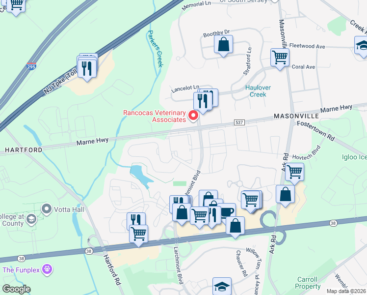map of restaurants, bars, coffee shops, grocery stores, and more near 1 Larchmont Place in Mount Laurel Township