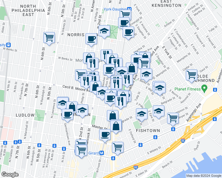 map of restaurants, bars, coffee shops, grocery stores, and more near 1739 North Howard Street in Philadelphia