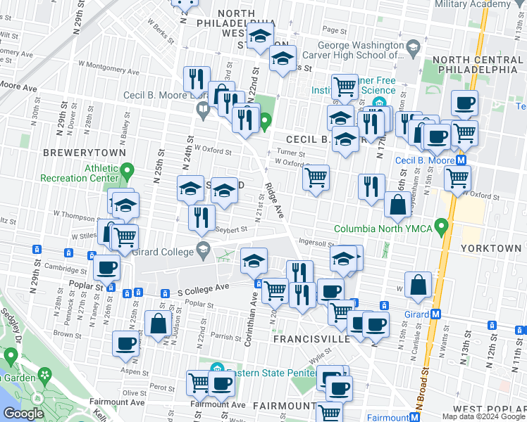 map of restaurants, bars, coffee shops, grocery stores, and more near 1415 North 21st Street in Philadelphia