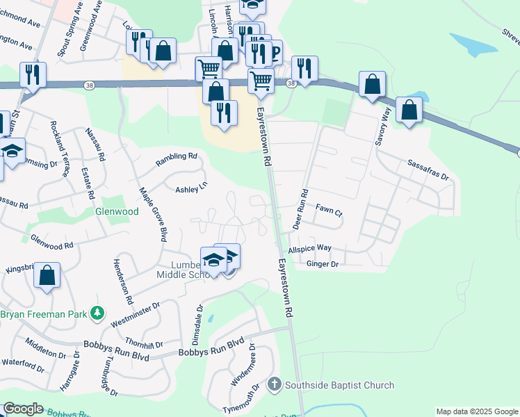 map of restaurants, bars, coffee shops, grocery stores, and more near 31 Sycamore Court in Lumberton