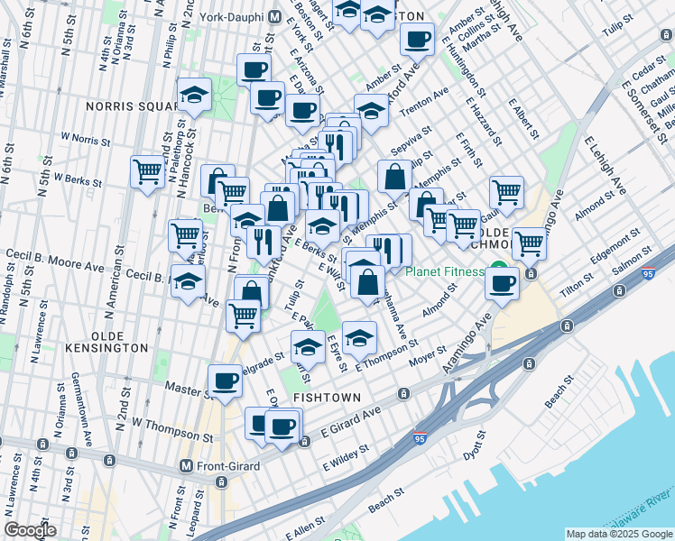map of restaurants, bars, coffee shops, grocery stores, and more near 1491 East Wilt Street in Philadelphia