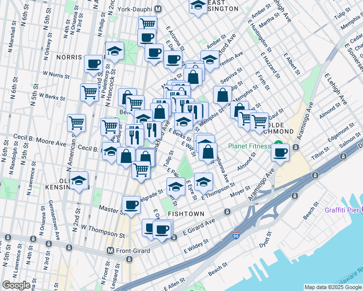 map of restaurants, bars, coffee shops, grocery stores, and more near 1517 East Montgomery Avenue in Philadelphia
