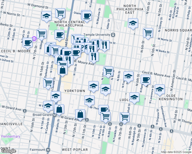map of restaurants, bars, coffee shops, grocery stores, and more near 1036 West Oxford Street in Philadelphia