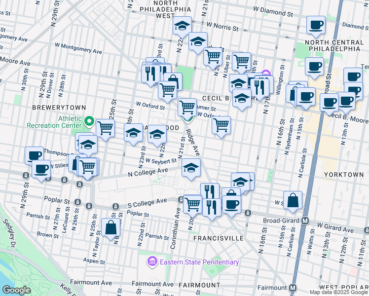 map of restaurants, bars, coffee shops, grocery stores, and more near 1415 North 21st Street in Philadelphia
