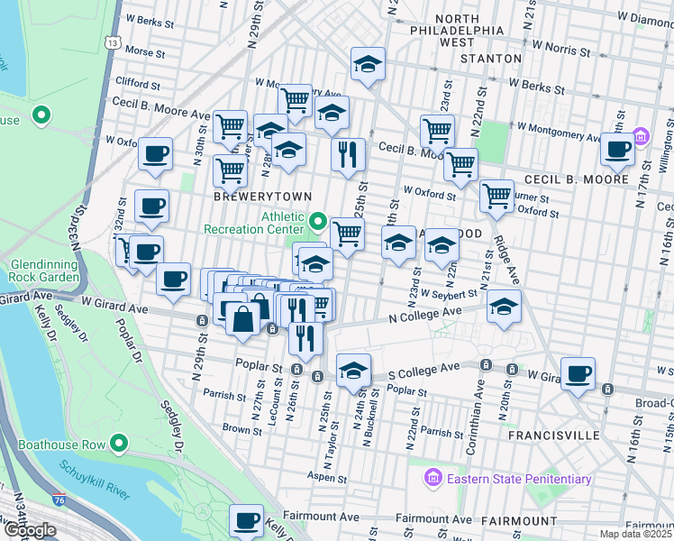 map of restaurants, bars, coffee shops, grocery stores, and more near 2509 Ingersoll Street in Philadelphia