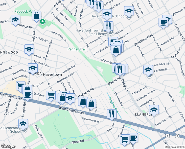 map of restaurants, bars, coffee shops, grocery stores, and more near 668 Washington Avenue in Havertown