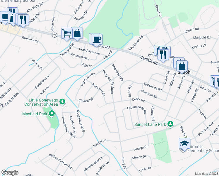 map of restaurants, bars, coffee shops, grocery stores, and more near 2355 Derry Road in York