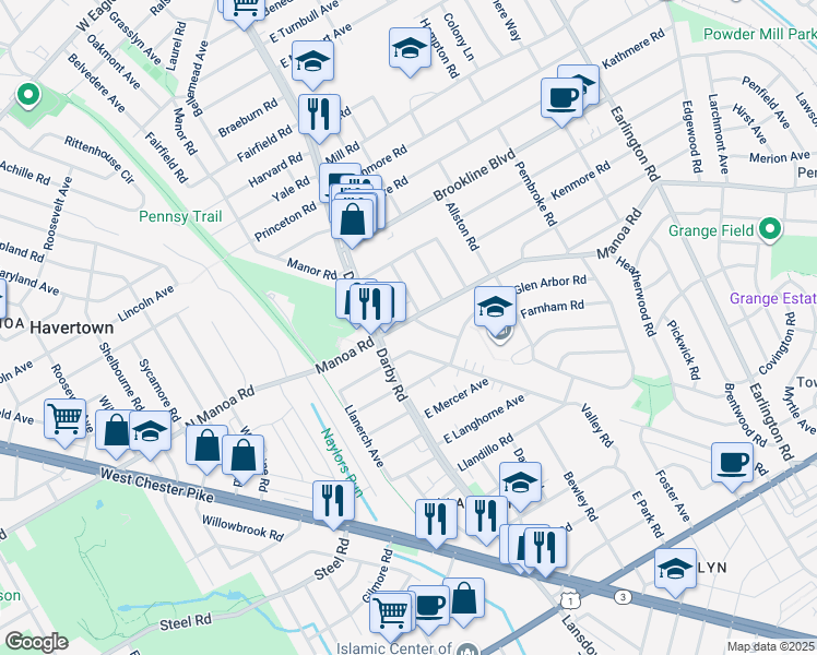 map of restaurants, bars, coffee shops, grocery stores, and more near 9 East Manoa Road in Havertown
