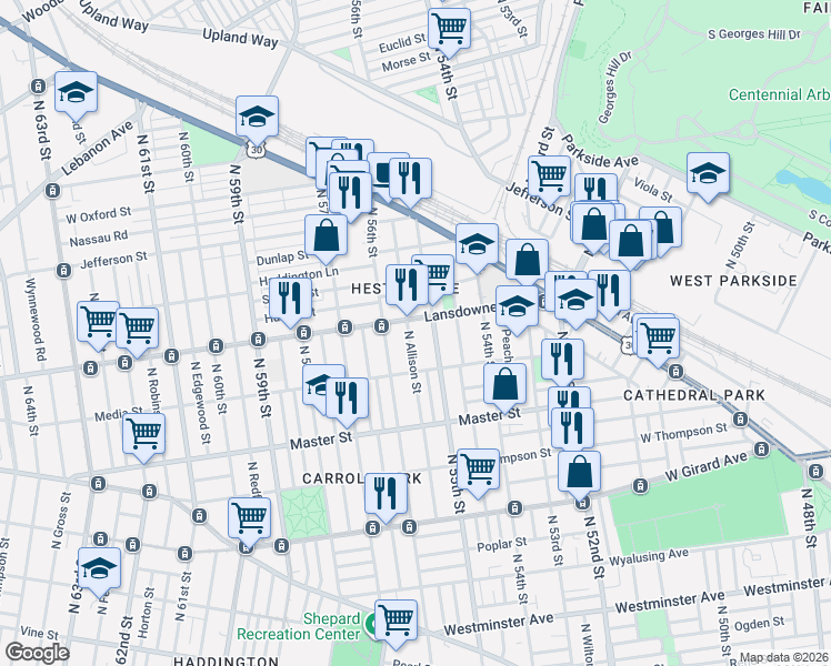 map of restaurants, bars, coffee shops, grocery stores, and more near in Philadelphia