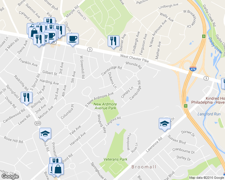 map of restaurants, bars, coffee shops, grocery stores, and more near 108 South New Ardmore Avenue in Broomall