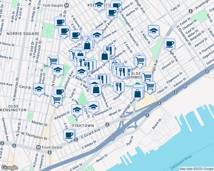 map of restaurants, bars, coffee shops, grocery stores, and more near 2208 Gaul Street in Philadelphia