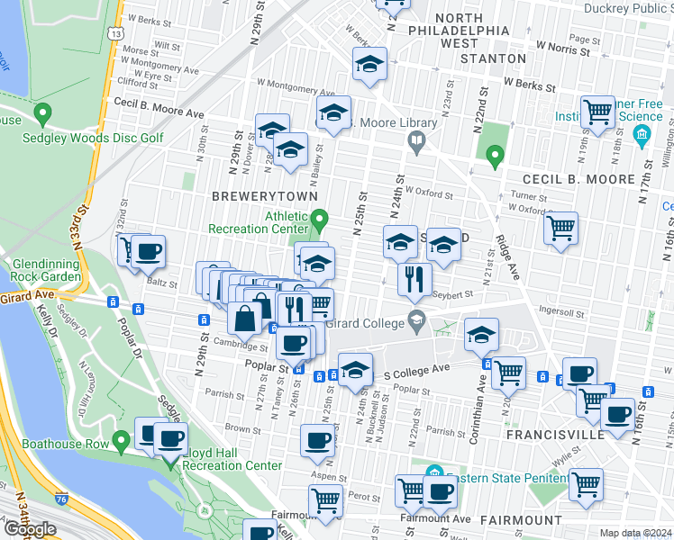 map of restaurants, bars, coffee shops, grocery stores, and more near 2520 Ingersoll Street in Philadelphia