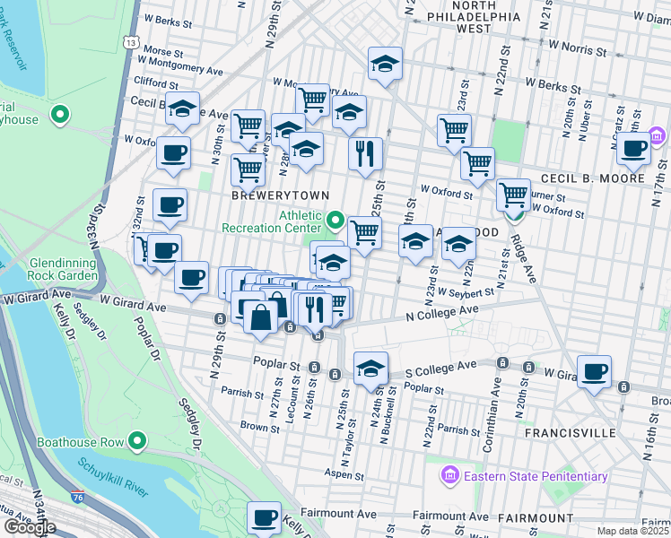map of restaurants, bars, coffee shops, grocery stores, and more near 1325 North 26th Street in Philadelphia