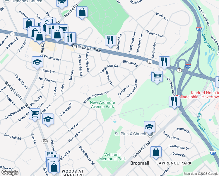map of restaurants, bars, coffee shops, grocery stores, and more near 108 South New Ardmore Avenue in Broomall