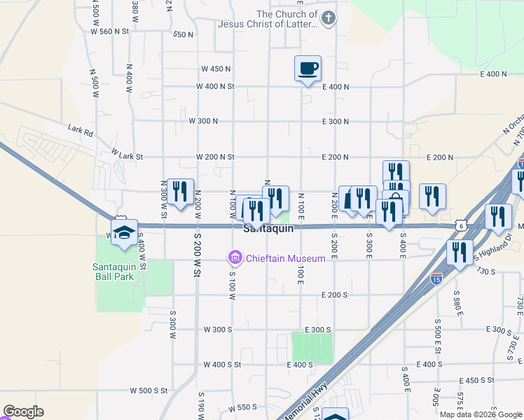map of restaurants, bars, coffee shops, grocery stores, and more near 57 North Center Street in Santaquin