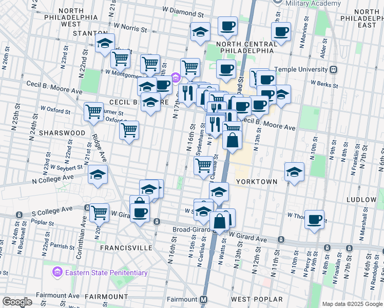 map of restaurants, bars, coffee shops, grocery stores, and more near 1501 North 16th Street in Philadelphia