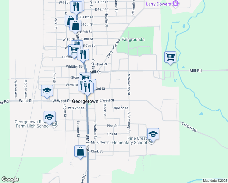 map of restaurants, bars, coffee shops, grocery stores, and more near 300-350 East North 3rd Street in Georgetown
