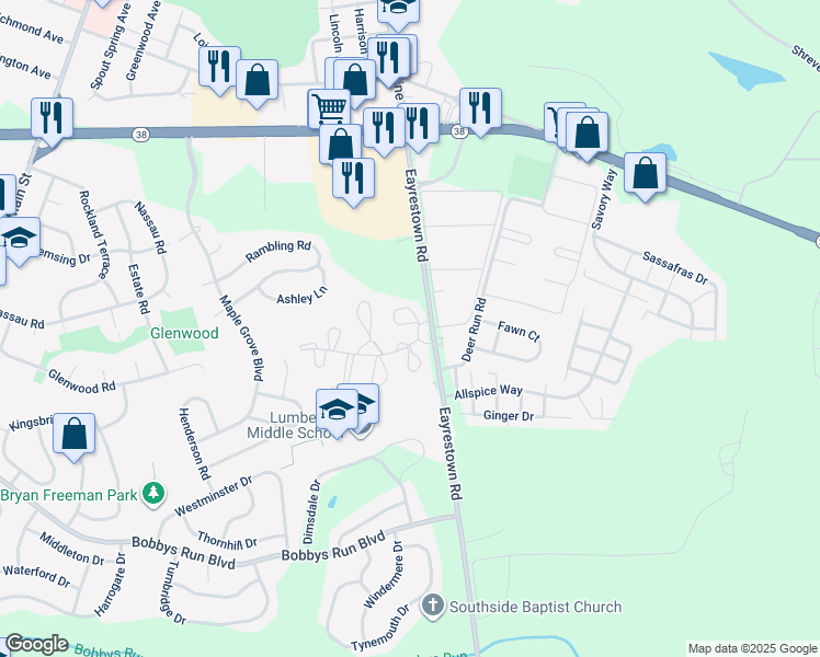 map of restaurants, bars, coffee shops, grocery stores, and more near 31 Sycamore Court in Lumberton