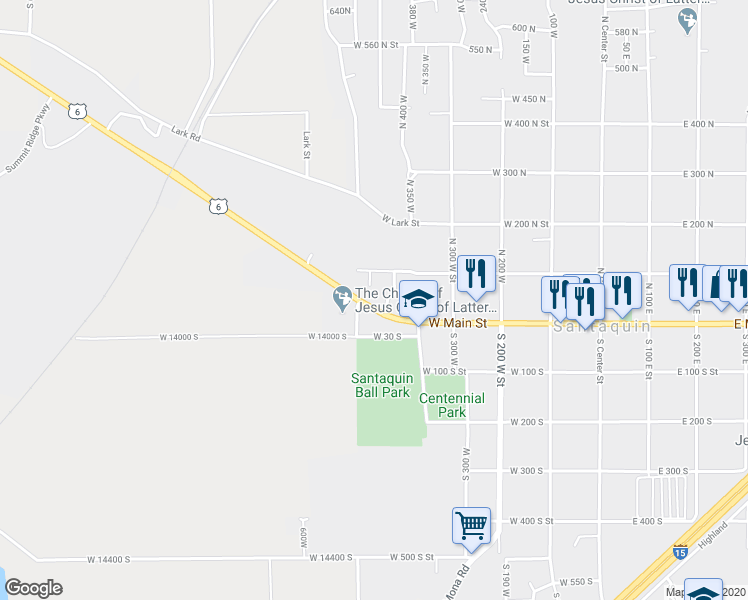 map of restaurants, bars, coffee shops, grocery stores, and more near 498 West Main Street in Santaquin