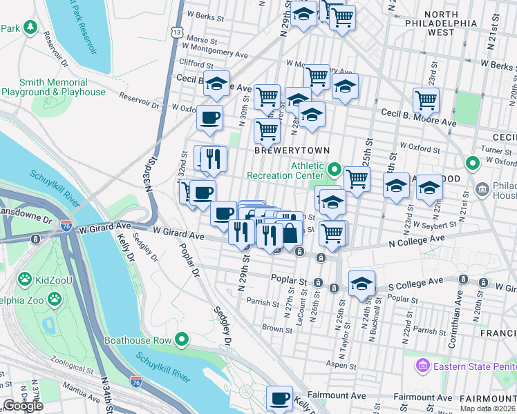 map of restaurants, bars, coffee shops, grocery stores, and more near 1301 North 29th Street in Philadelphia