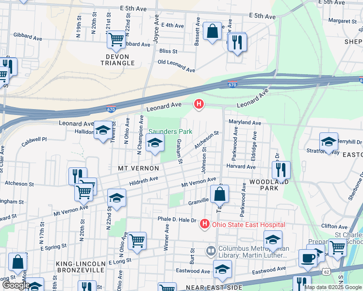 map of restaurants, bars, coffee shops, grocery stores, and more near 476 Graham Street in Columbus