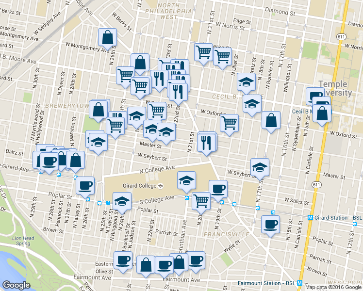 map of restaurants, bars, coffee shops, grocery stores, and more near 2122 Harlan Street in Philadelphia